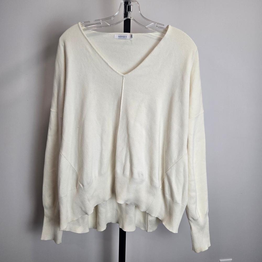 Mersea Cream V-Neck Oversized Catalina Cotton Sweater Coastal Lagenlook Neutral